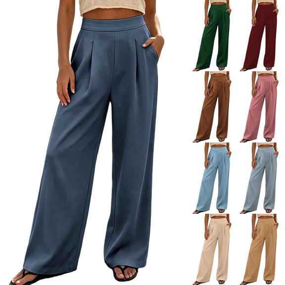 Women's Polyester Spandex High Waist Loose Flowy Wide Leg Pants, Pleated Elastic Waist Deep Pocket Trousers, Wrinkle Resistant Bottoms for Office Beach Travel | TruHer,Beige L