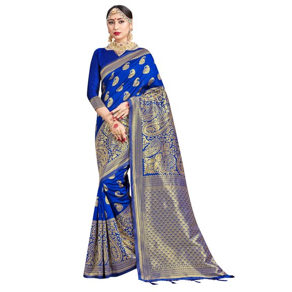 Sarees for Women Banarasi Art Silk Woven Sari - Indian Diwali Ethnic Gift Festival Saree & Unstitched Blouse Blue