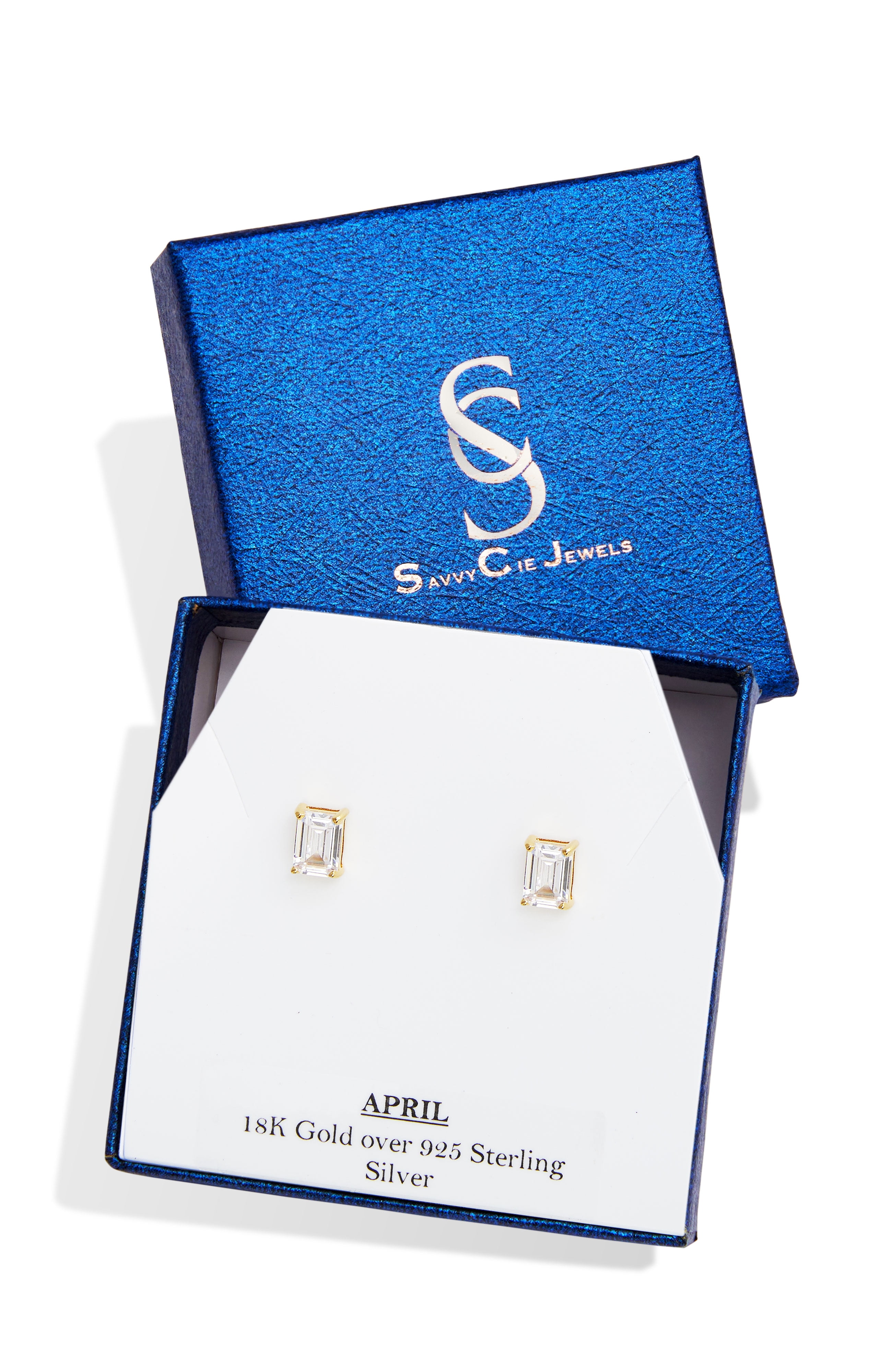 18K Gold Plated Sterling April Lab Created Diamond Emerald Cut Birthstone Stud in Box