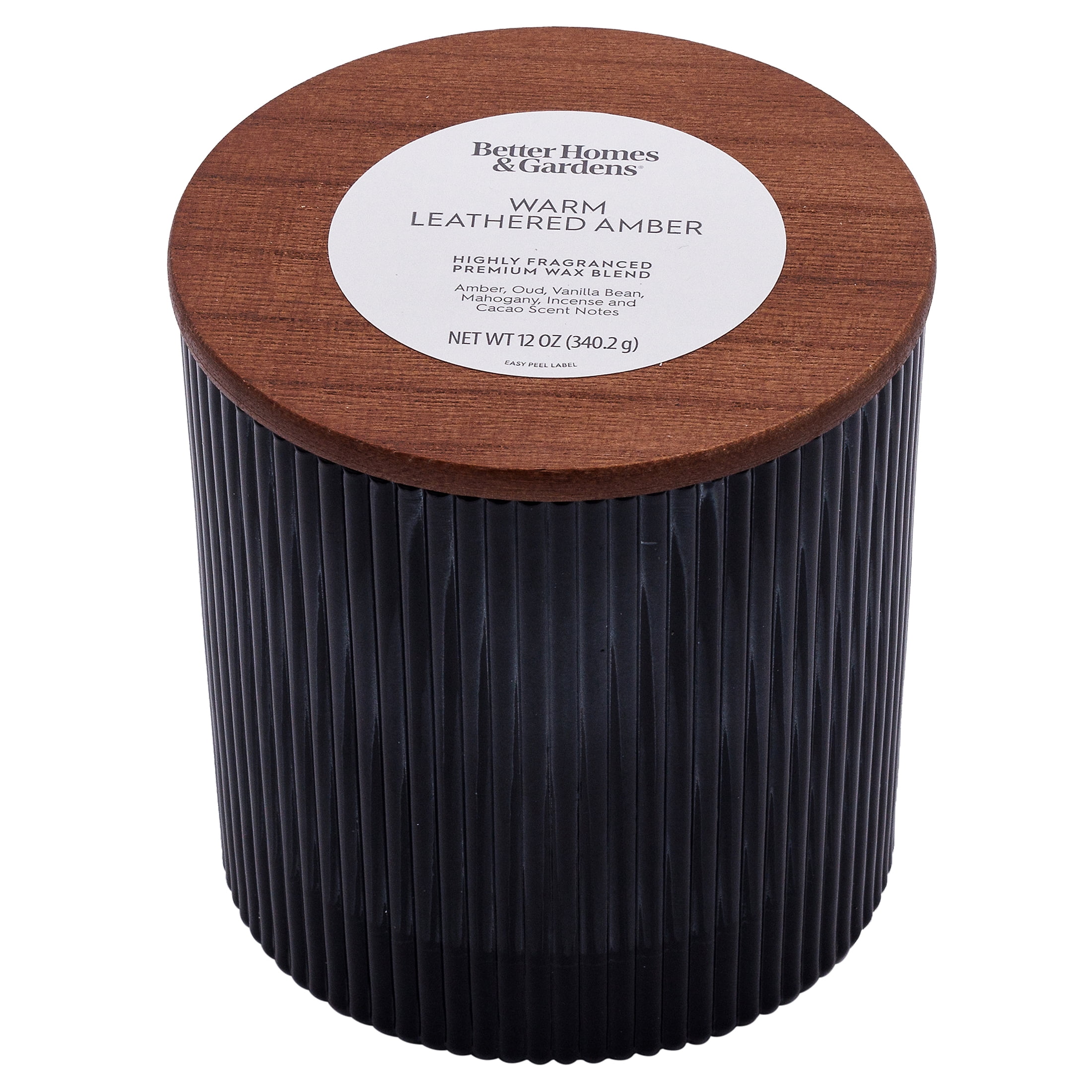Better Homes & Gardens Warm Leathered Amber Scented Cotton 2-Wicks Ribbed Mecury Glass Jar Candle with Wooden Lid 12oz