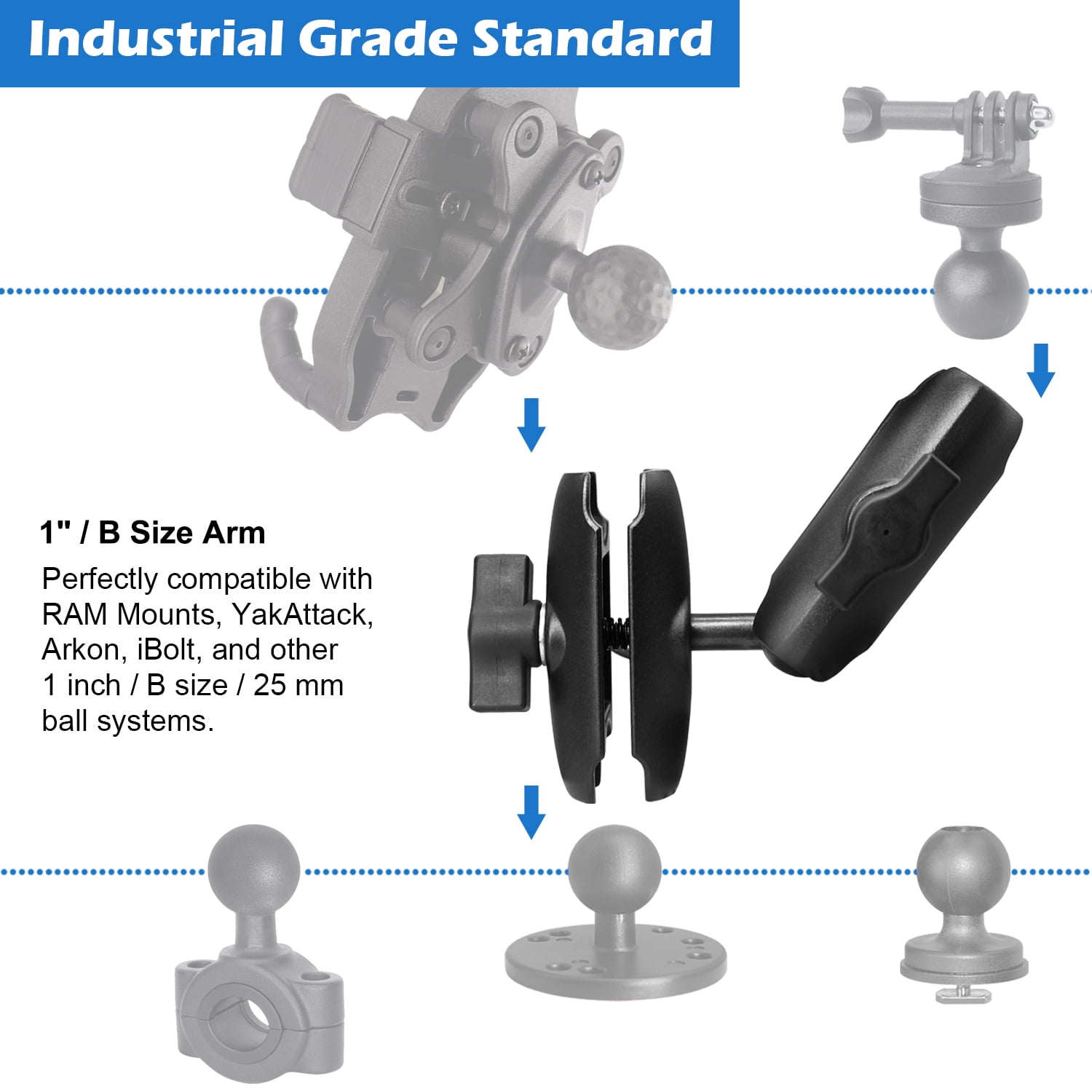 WINDFRD Aluminum 2-in-1 Double Socket Arm with 1" Ball, Compatible with RAM Mount, iBolt 1 inch/B Size / 25mm Ball Accessories, 360 Degree Rotation, Adjustable Dual Mount Arm
