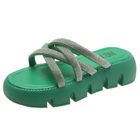 OJSFQUFP Sandals Women Dressy Summer Women Slippers Fashion Summer New Pattern Fashion Solid Color Rhinestone Decorative Open Toe Round Toe Thick Sole Shoes Woman S Slippers Green 37