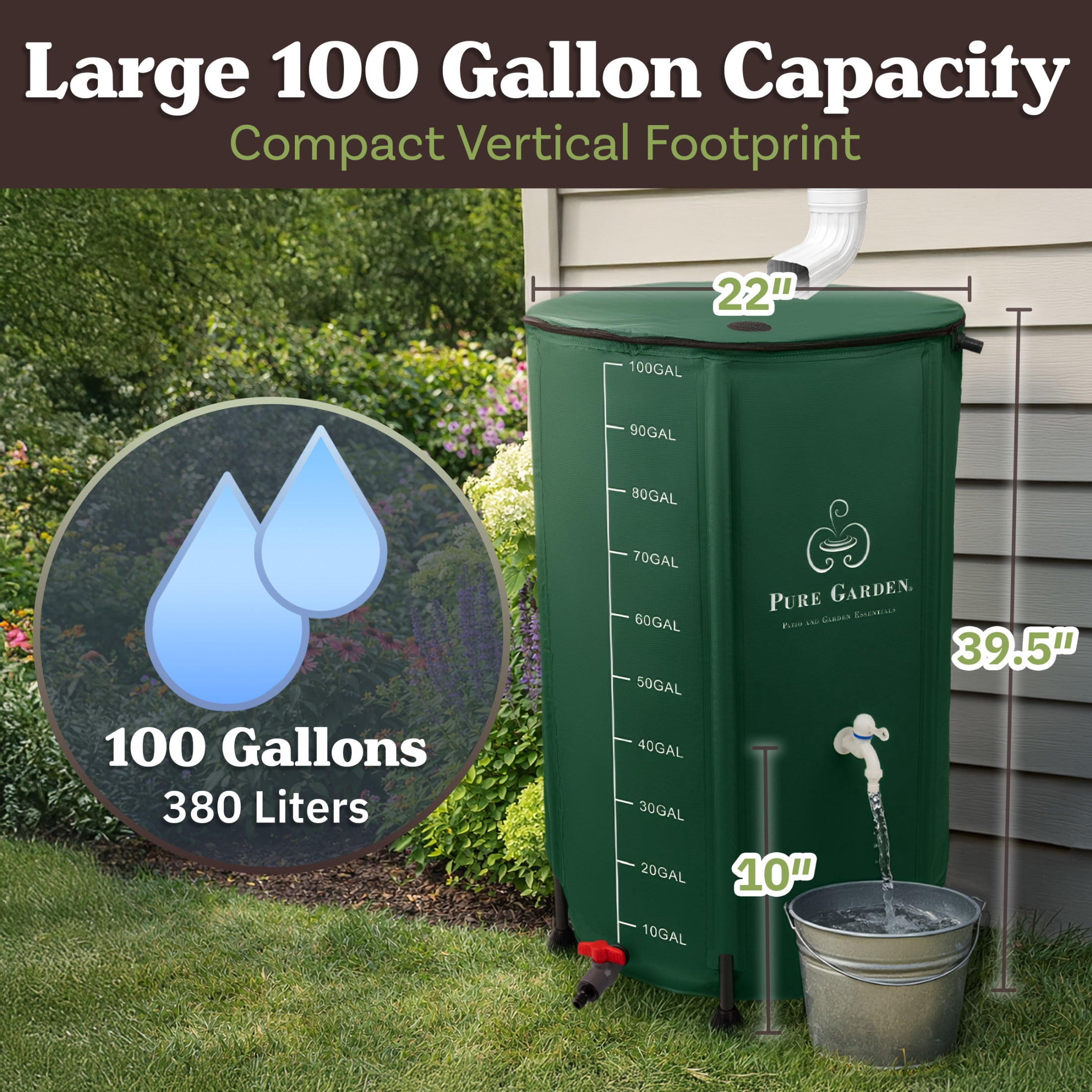 Pure Garden Collapsible Rain Barrel Kit - 100 Gal PVC Rain Collection System with Filter