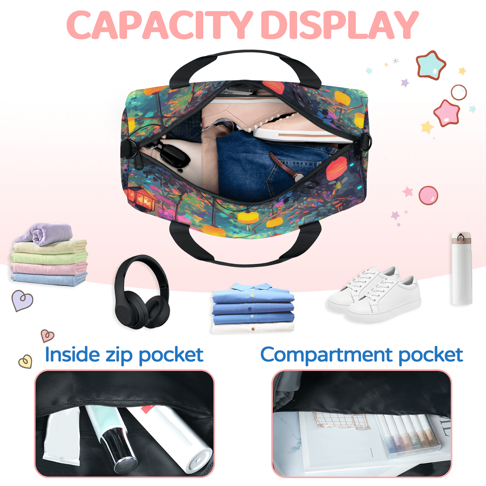 Herdesigns Cute Gym Bag for Women, Cat Duffle Bag for Travel Sport, Lightweight Waterproof Carry on Weekender Overnight Dance Yoga Workout Bags
