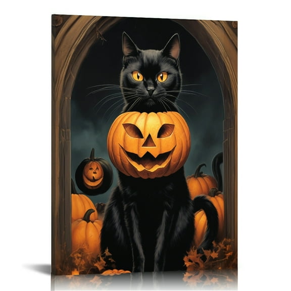 Vintage Halloween Pumpkin ，Black Cat Canvas Wall Art Painting,Gothic Print Pictures for Home Wall Decor Horror Creepy Dark Posters for Living Room Bedroom Bar Home Halloween Party Decor Framed