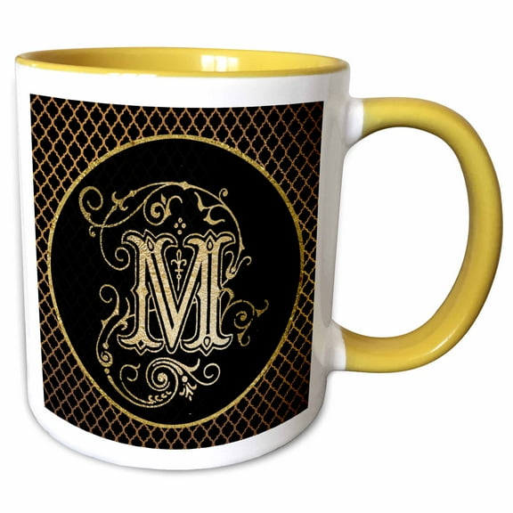 3drose, Monogram Initial Letter M Black and Image of Gold Ornamental Flourish, 15oz Two-tone Yellow Mug