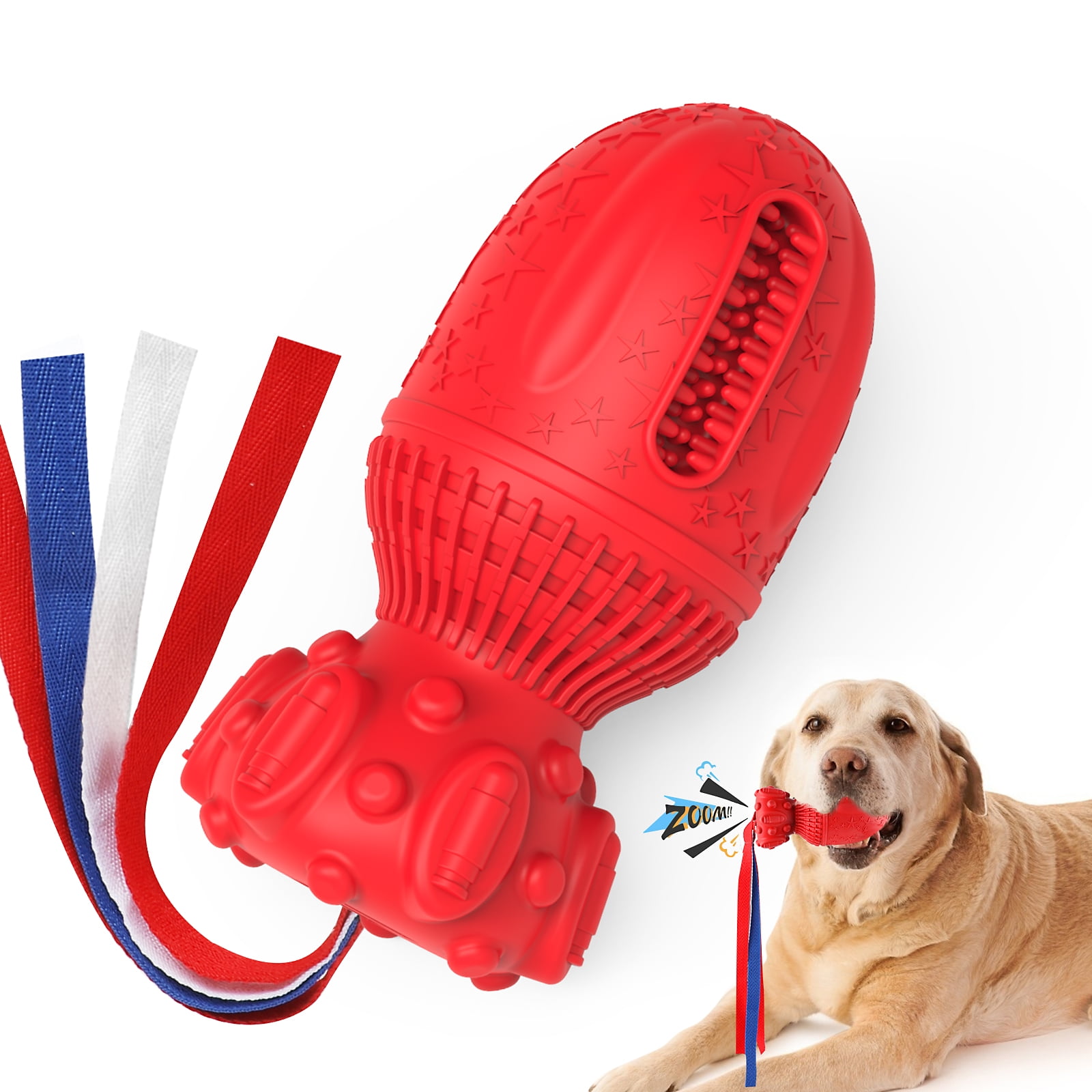 MASBRILL Dog Squeaky Toy Indestructible Dog Chew Toys for Large Medium Aggressive Chewers, Tough Dog Teeth Cleaning Toys Bite Resistant, Natural Rubber Interactive Dog Toys for Boredom - Red