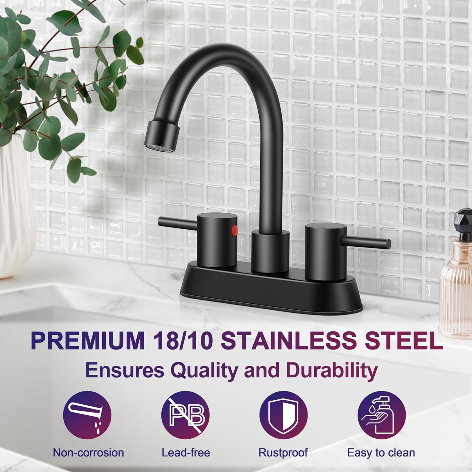 4 Inch 2 Handle Centerset Matte Black Modern Bathroom Faucet 360 Swivel Spout Bathroom Vanity Sink Faucet with Pop Up Drain and Water Supply