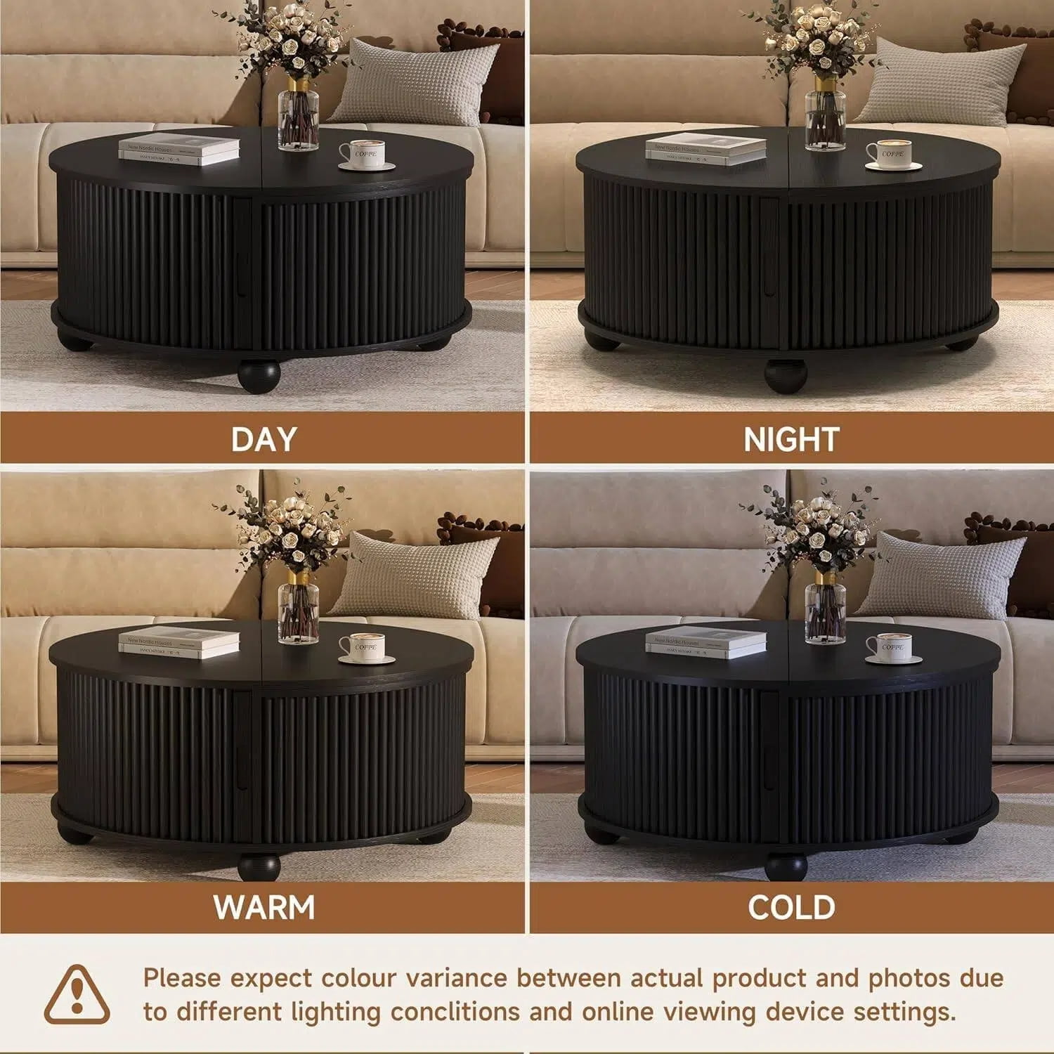 AISWORD 31.5" Fluted Round Coffee Table with Storage, Mid Century Modern Lift Top Drum Accent Table for Living Room Small Space, Black