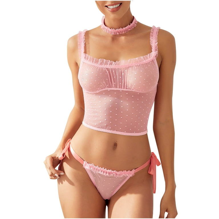 Girly pink and charming see-through underwear three-point transparent bra  hollow thong suit lace sexy