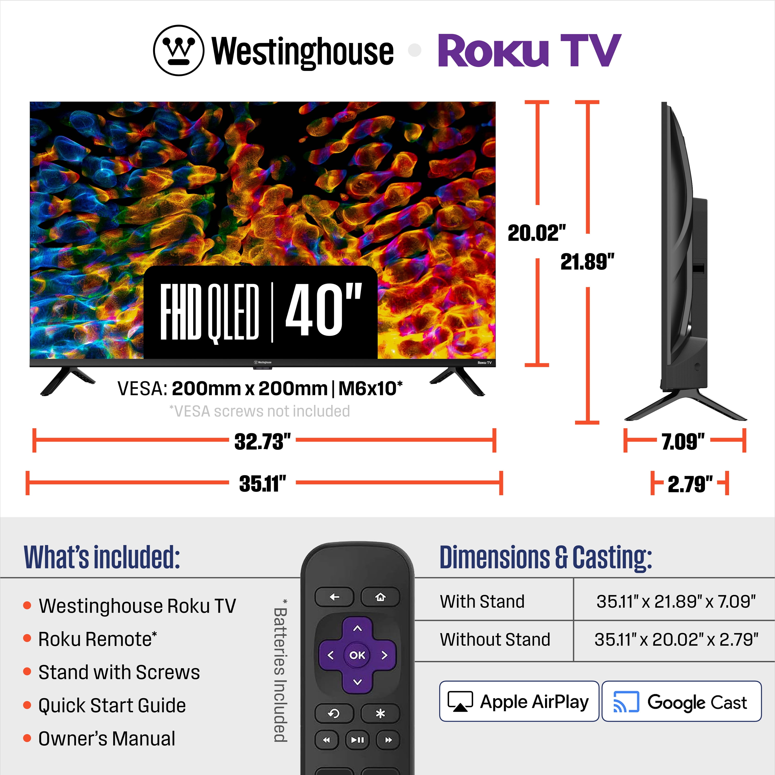 Westinghouse Roku TV - 40 Inch Smart TV, FHD QLED Television w/Dolby Digital+, Wi-Fi & Mobile App Connectivity, Flat Screen, Bluetooth, Compatible w/Apple AirPlay, Alexa, & Google Assistant