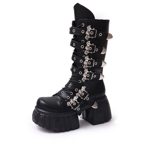 SACFOF Black Platform Goth Boots for Women Studded Wide Mid Calf Combat Punk Boots Round Toe Buckle Chunky Heel Back Zipper Thick Sole Ankle Booties