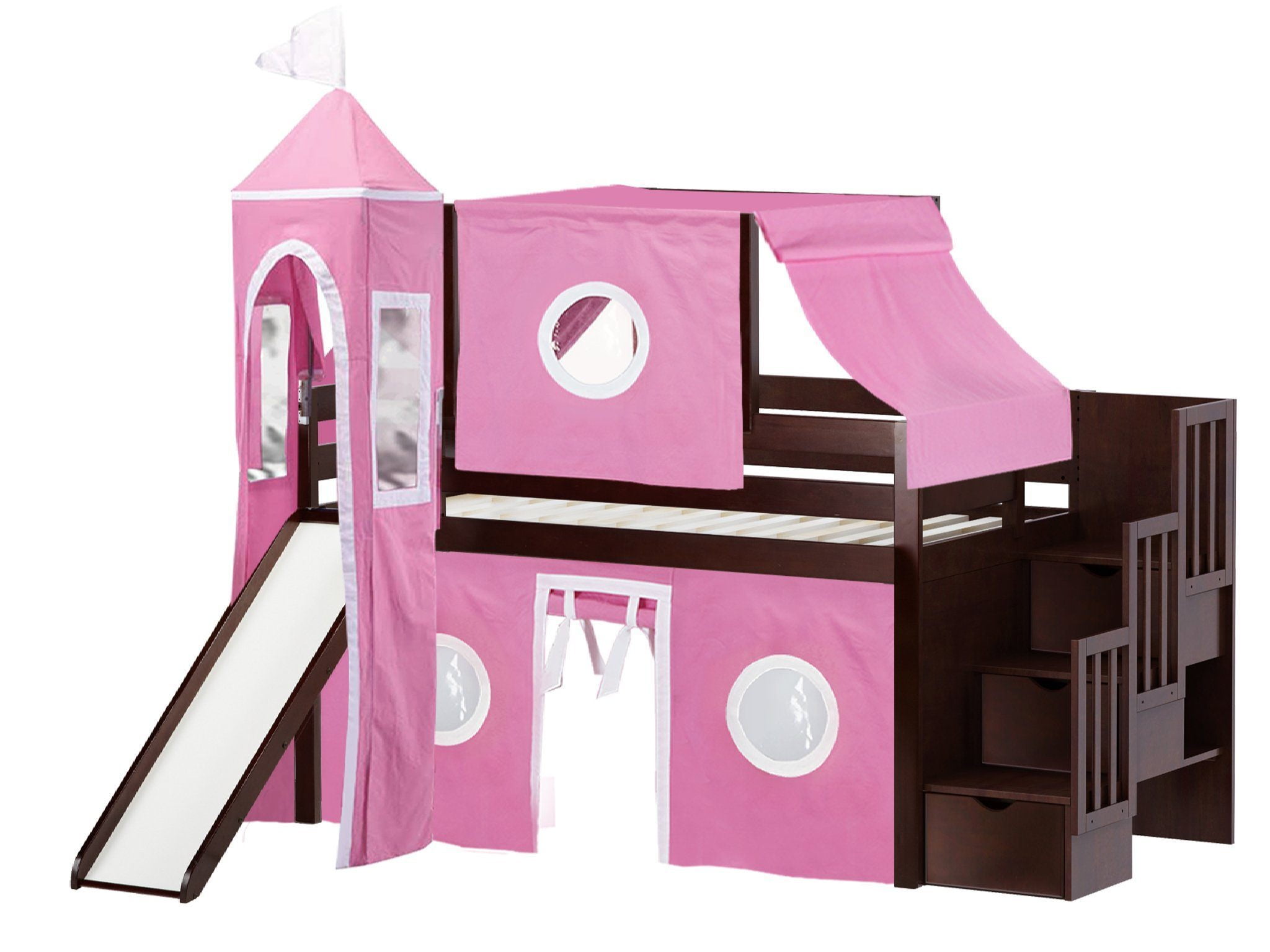 JACKPOT! Princess Low Loft Stairway Bed with Slide Pink & White Tent