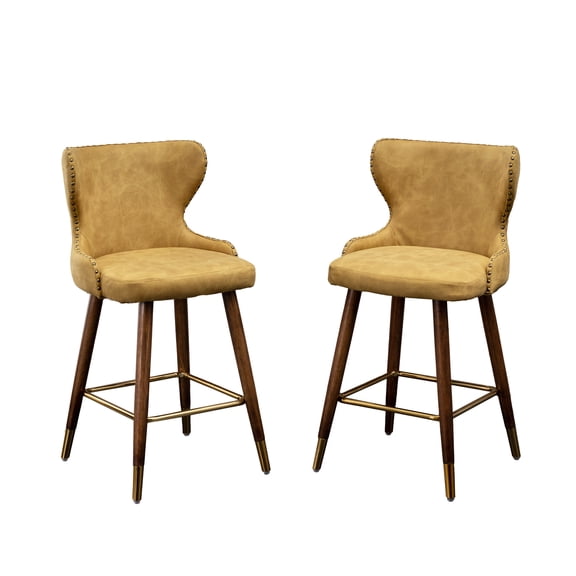 Roundhill Furniture Nevis Mid-century Modern Faux Leather Tufted Nailhead Trim Counter Stool Set of 2, Yellow, 24.5" Seat Height