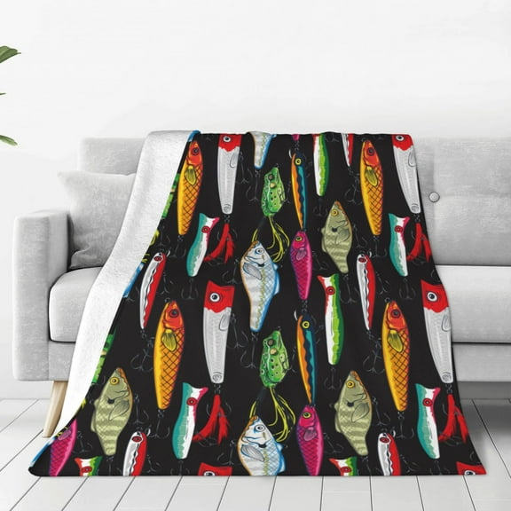 Fuzoiu Colorful Fishing Lures Print Ultra-Soft Micro Fleece Blanket,All Seasons Flannel Throw, Lightweight Blanket for Bed, Sofa, Couch, Movie Night, Camping, and Travel-40"x30"