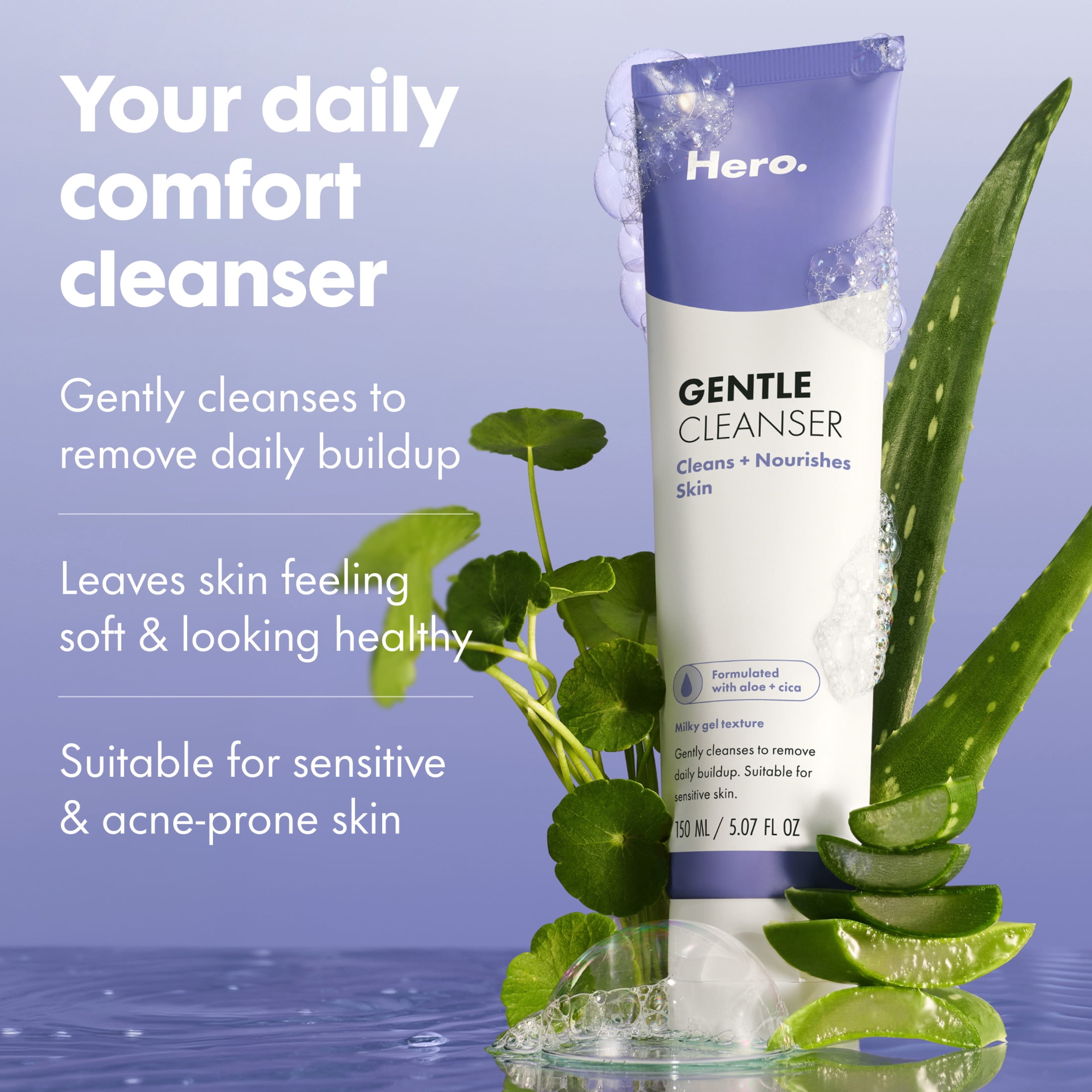 Hero Cosmetics Gentle Facial Cleanser, Suitable for Sensitive Skin, 5.07 fl oz