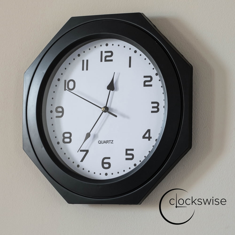Clockswise 12-inch Non-Ticking Octagon Plastic Analog Wall Clock - Elegant Decorative Accent for Home Décor in Bedroom, Bathroom, Living Room, Dining Room, Entryway, Hallway, Kitchen or Office, Black