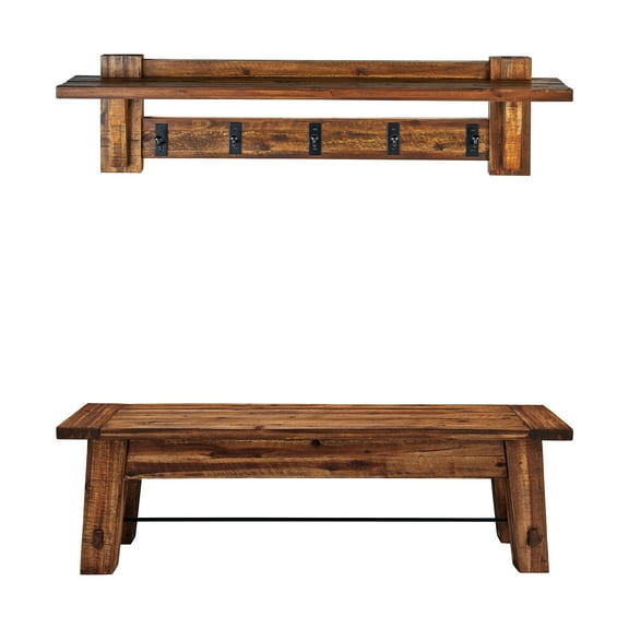 Alaterre Furniture Durango 60" Industrial Acacia Wood Coat Hook Shelf and Bench Set