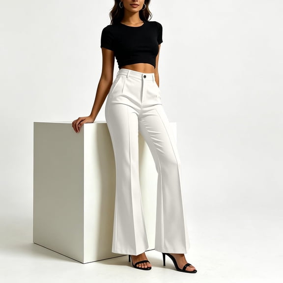 Resicozy High Waisted Straight Leg Suit Pants for Women Business Casual Office Dress Flare Trousers with Pockets White M