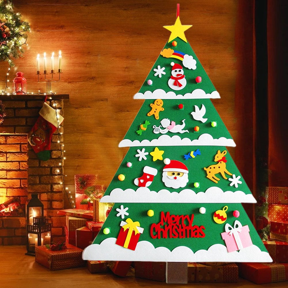 Sapin De Noël En Feutre DIY 102 Cm - Avec 39 Ornements Et Guirlande LED - Décorations Murales