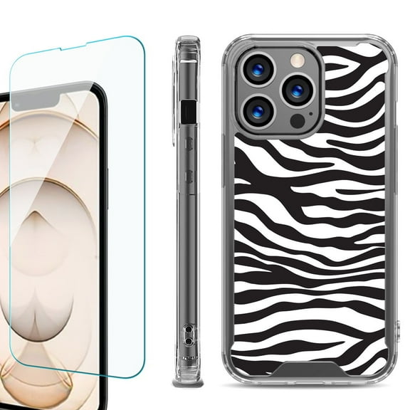 Shockproof Bumper Phone Case for iPhone 13 Pro Max, with Tempered Glass Screen Protector, by OneToughShield ® - Zebra B/W