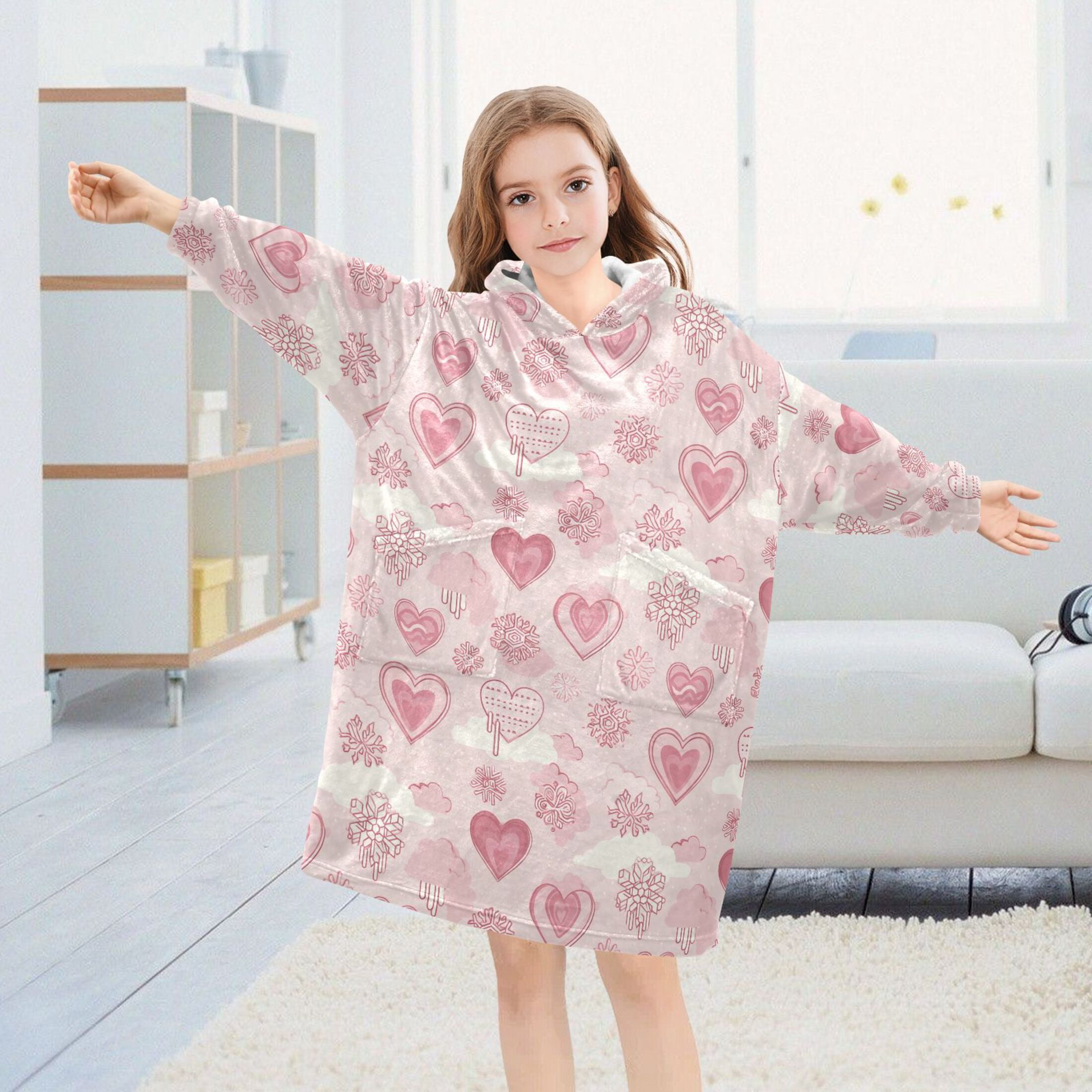 Wearable Blanket Hoodie for Kids Minimalist Hart Shape Flannel Hooded Blanket with Pockets and Sleeves Suitable for Boys and Girls