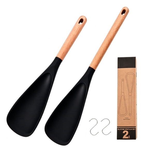 Tyasoleil 2Pcs Wood Handle Silicone Cooking Spoon Rice Scoop Set for Mixing, Serving and Scraping, Multifunctional Kitchen Tool for Nonstick Cookwares, Black