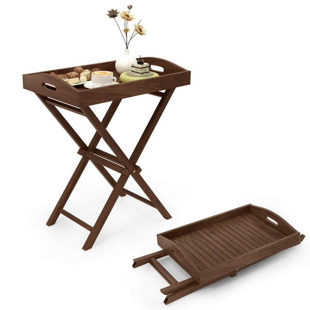 Costway 1 PC Solid Teak Wood Tray Table 28" High Folding Table with Removable Tray Top
