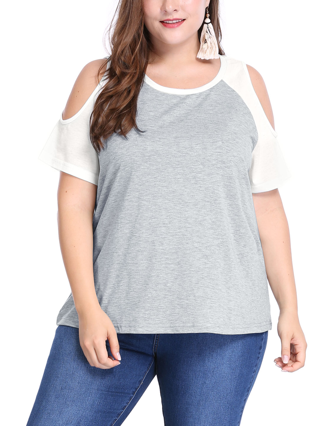 Unique Bargains Women's Plus Size T-shirt Raglan Short Sleeves Cold Shoulder Tee 2X Gray