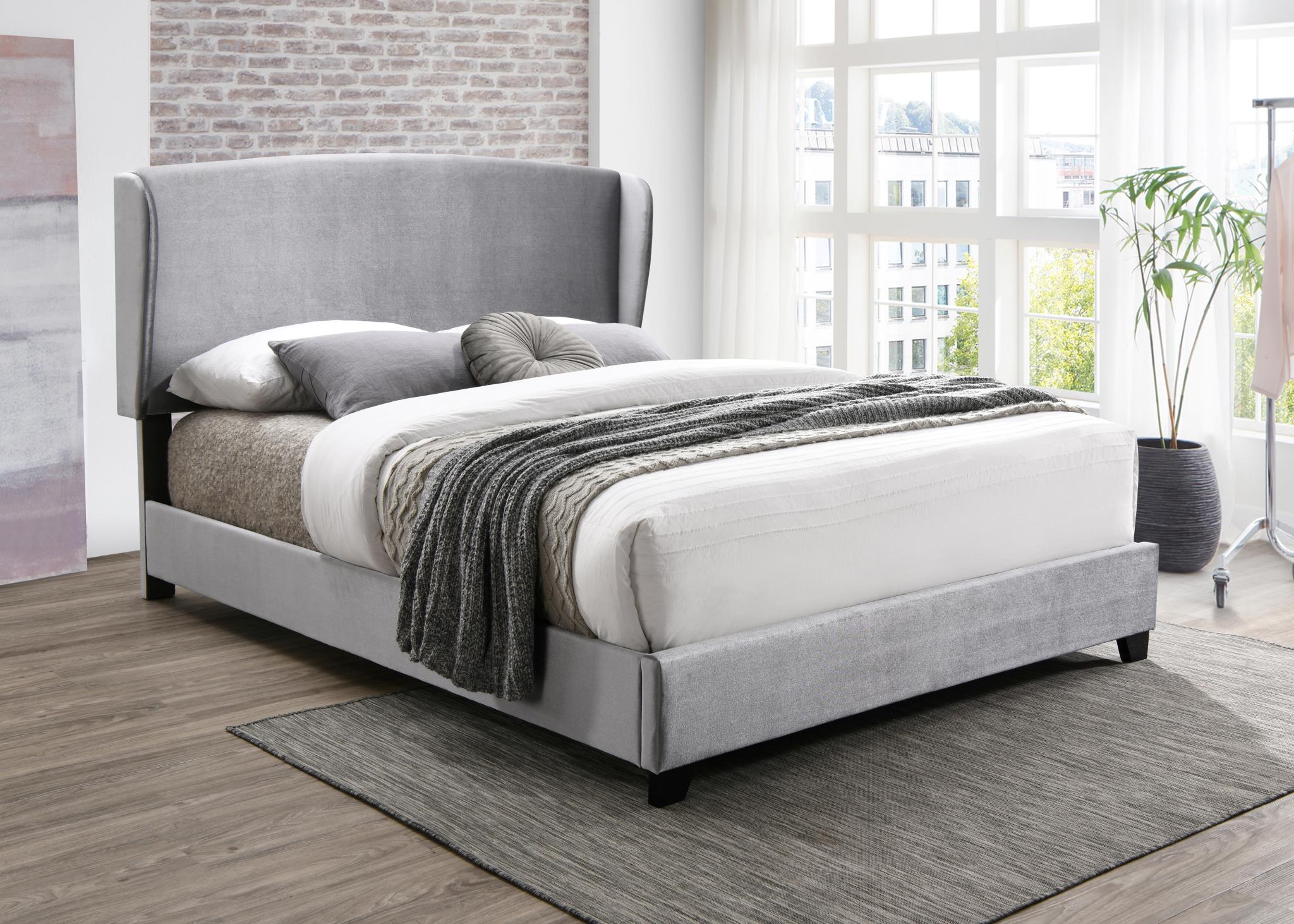 Contemporary Queen Size Bed 1Pc Beautiful Silver Velvet Upholstery