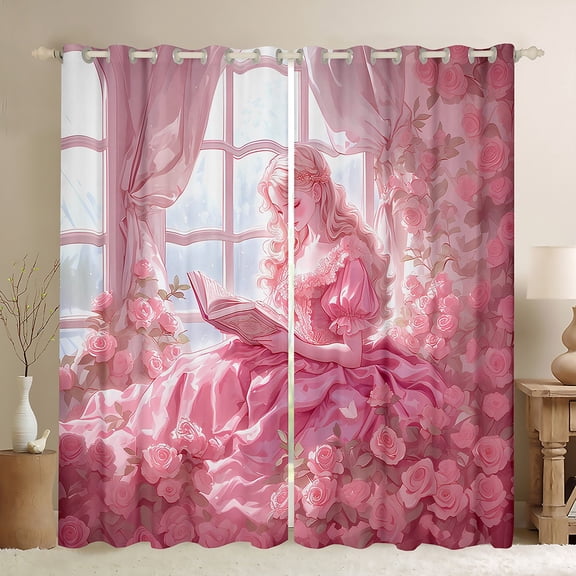Manfei Pink Princess Black Out Curtains for Kids Girls, Chic Floral Flower Curtains Pack of 2 (42x63 Each), Girly Cottage Bedroom Curtains, Luxury Bedroom Decor