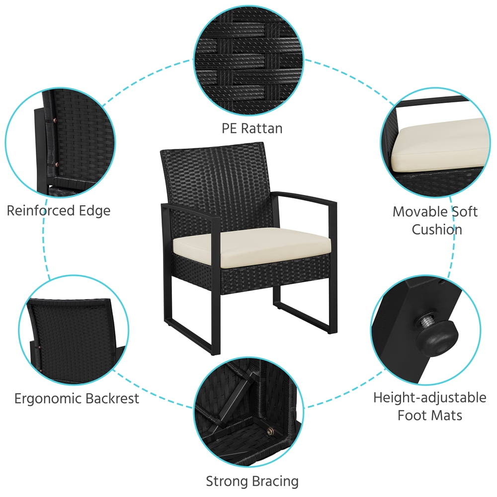 Yaheetech 3-piece Patio Set 2 Rattan Chairs & Table with Cushions, Black/Beige