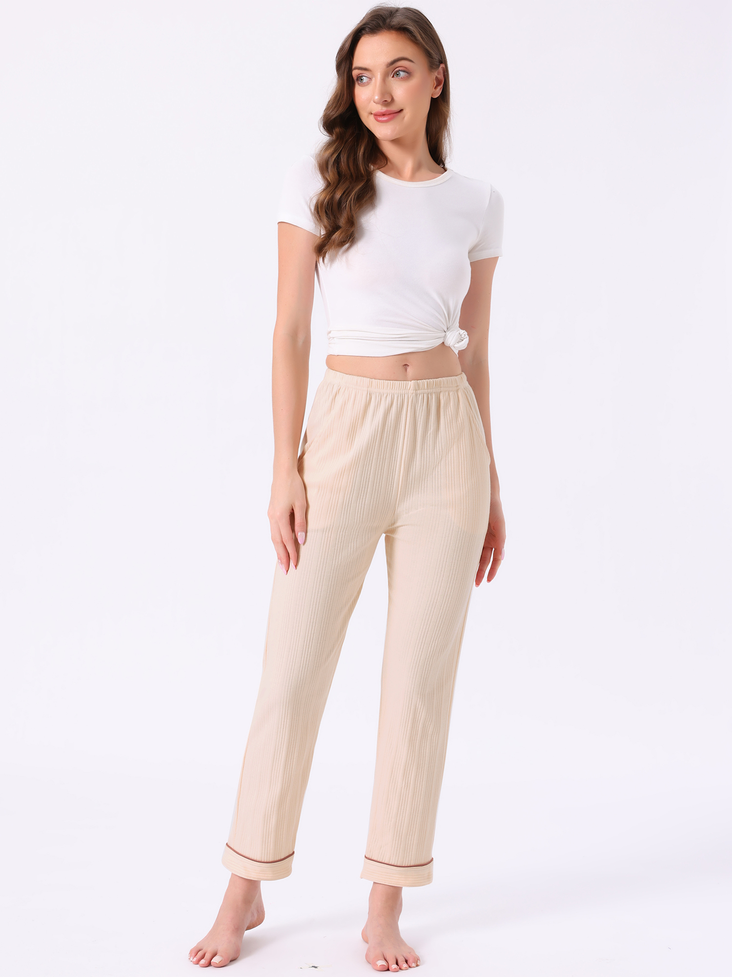 DARING DIVA Women's Cotton Knit Ribbed Elastic Waist Loungewear XS Beige
