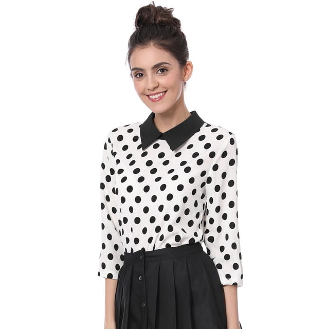 Disfraz de Halloween para mujer Allegra K Polka Dots Contraste Peter Pan Collar Top 3/4 Mangas Blusa Blanco XL