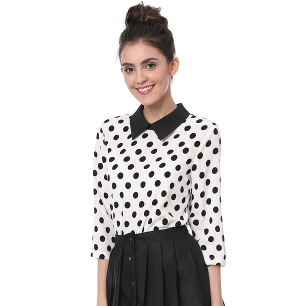 Disfraz de Halloween para mujer Allegra K Polka Dots Contraste Peter Pan Collar Top 3/4 Mangas Blusa Blanco XL