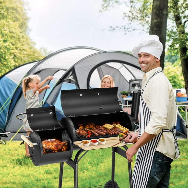 Segmart Charcoal Grill with Offset Smoker & Side Table, Portable Outdoor  Camping Barrel BBQ Oven with Wheels, Black