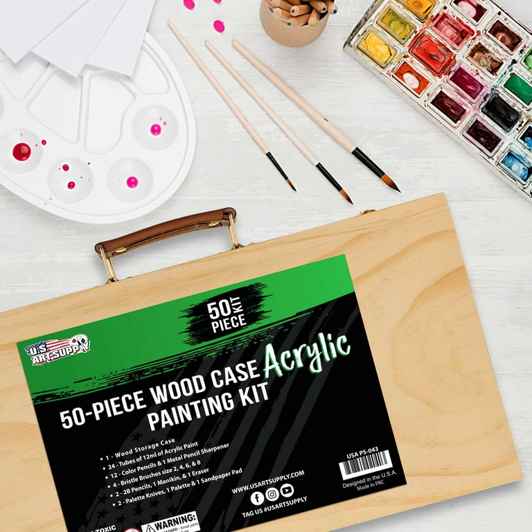 US Art Supply 50-Piece Acrylic Painting Set with Wood Storage Case 24-tubes Acrylic Colors 12 Colored Pencils 2 Graphite Pencils 4 Artist Brushes