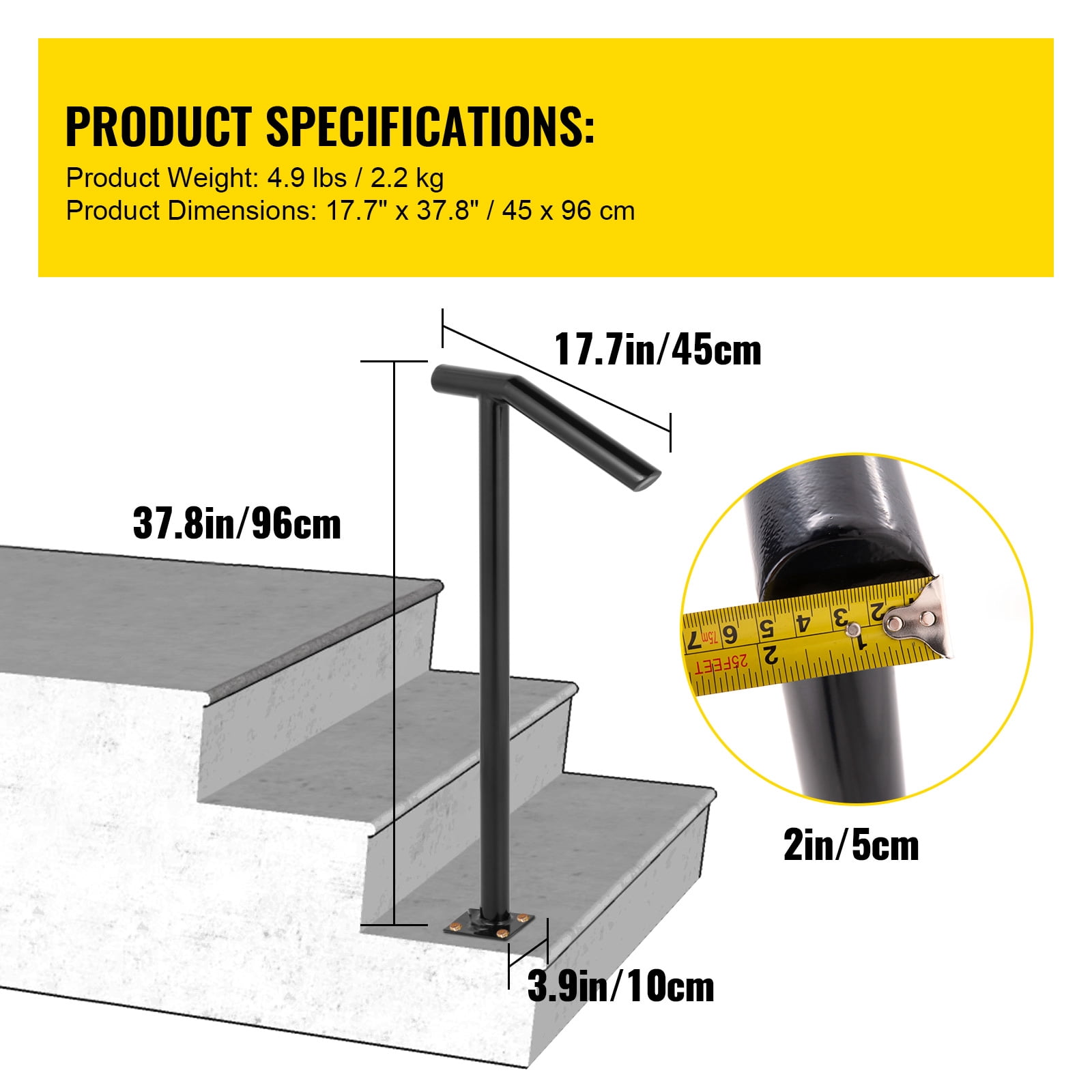 KFFKFF 2 Step Single Post Handrail Round Metal Stair Handrail Aluminum Material Stair Handrail with Installation Kit 18L x 38H Inch Step Stair Railing