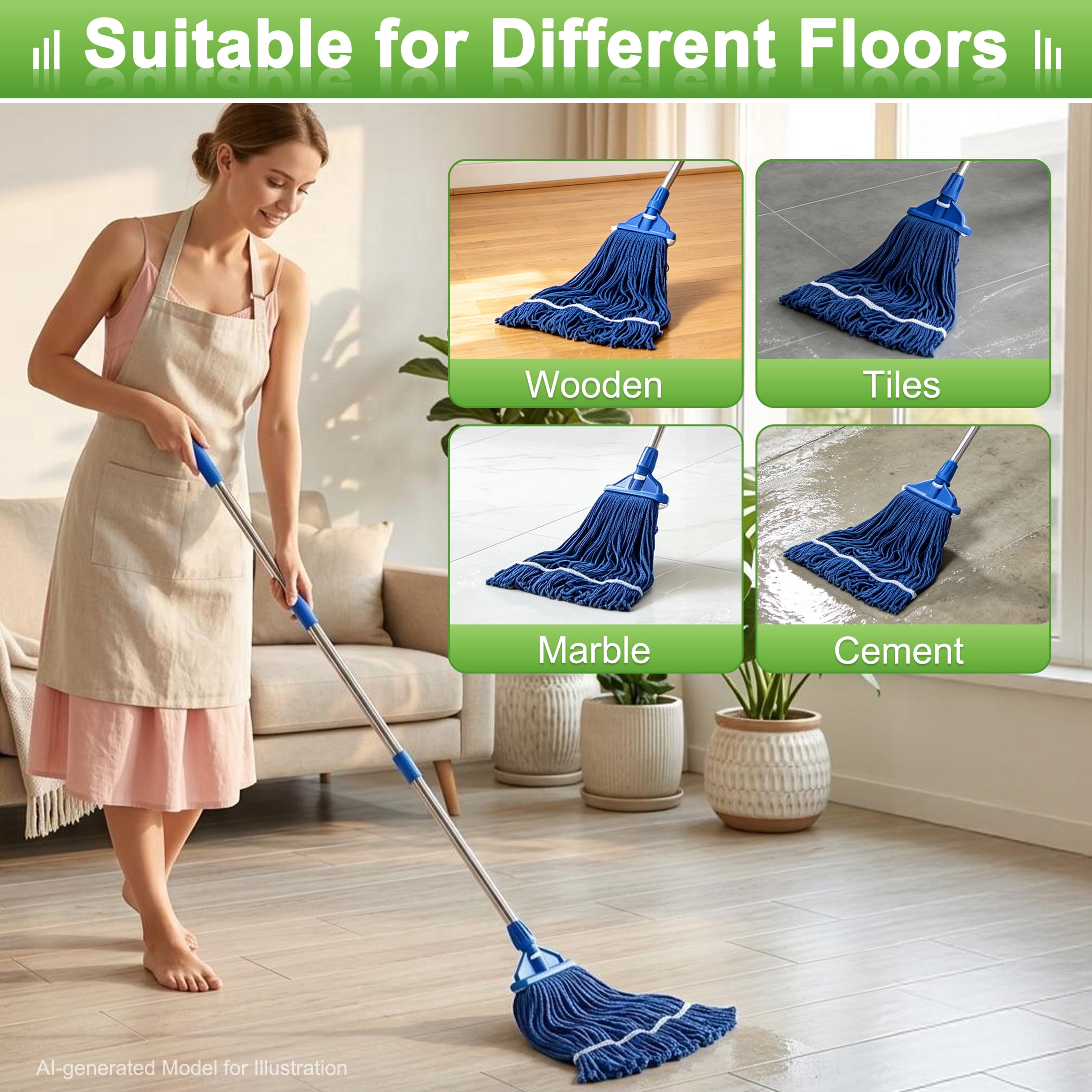 Commercial Mop, Heavy Duty Cotton String Mop, Long Handle Floor Mop, Wet Cleaning Mop, Household Cleaning Mop for Hardwood, Tile, Marble Floors, Home & Commercial Use
