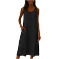 thumbnail image 2 of Yangnuo Women's Washed Wrinkle Cotton Linen Dress Ladies Crew Neck Sleeveless Casual Maxi Dress with Buttons & Side Pockets, Solid Loose Fit. Black L, 2 of 6