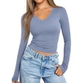 thumbnail image 3 of Nestiefly Long Sleeve Shirts for Women Fall Fashion V Neck Crop Tops Soft Stretchy Thermal Base Layer Undershirt Blue S, 3 of 6