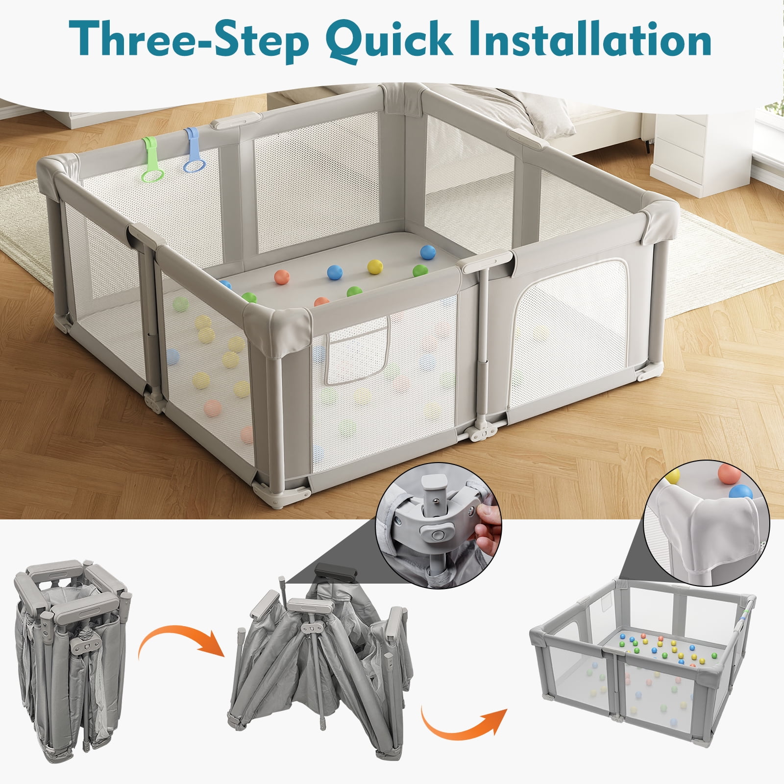 Baby Playpen 51" x 51", Play Pens for Babies and Toddlers Baby Fence Play Yards for Indoor & Outdoor with Breathable Mesh Anti-Fall Playpen, Gray