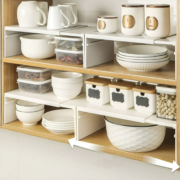 XIBUFE Cabinet Shelf Expandable Organizer Riser Storage Space Saver Stackable for Kitchen Pantry Cupboard Under Sink Countertop White Simple Houseware