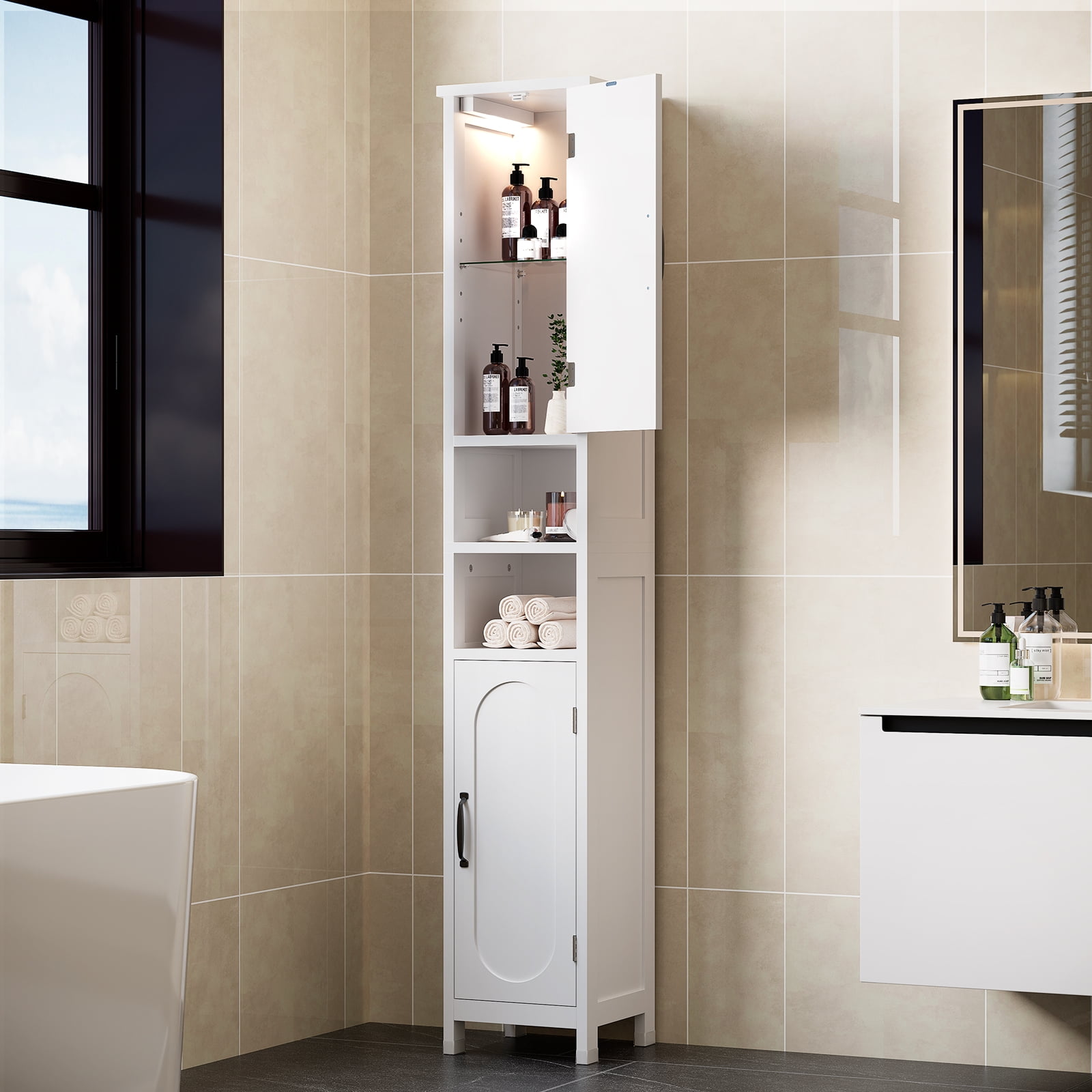 Selooye Tall Bathroom Storage Cabinet with Lights, Adjustable Shelves, White
