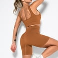 thumbnail image 4 of SWSMCLT Women's Seamless Yoga Set 2 Piece Workout Oufit Biker Shorts Set Lounge Gym Activewear with Padded Bra Quick Dry Ribbed Summer Sleeveless Scoop Neck Backless High Waist Coffee Medium, 4 of 5