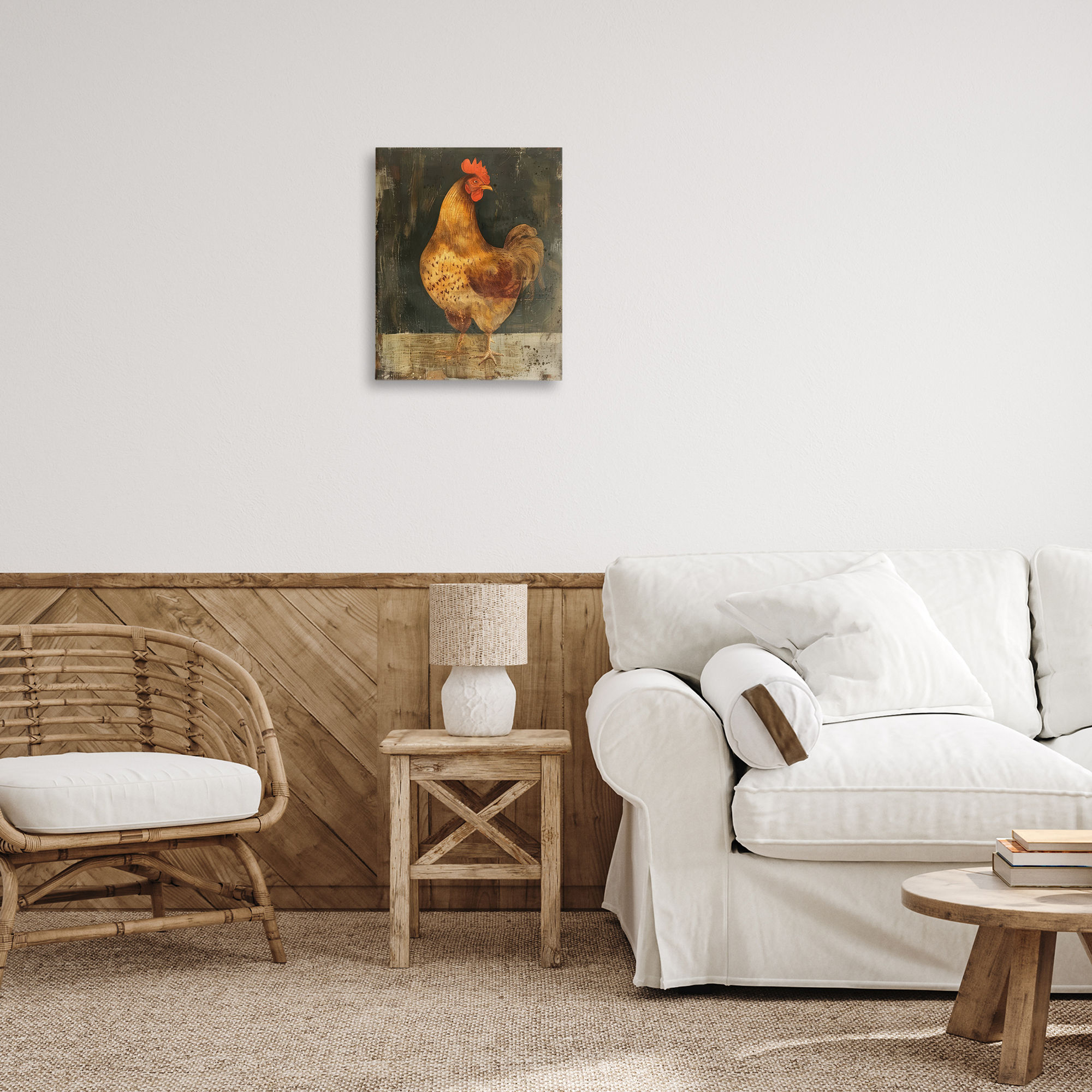 Stupell Industries Chicken on Rustic Background Animals Painting Wrapped Canvas Art Print Wall Art, 16 x 20