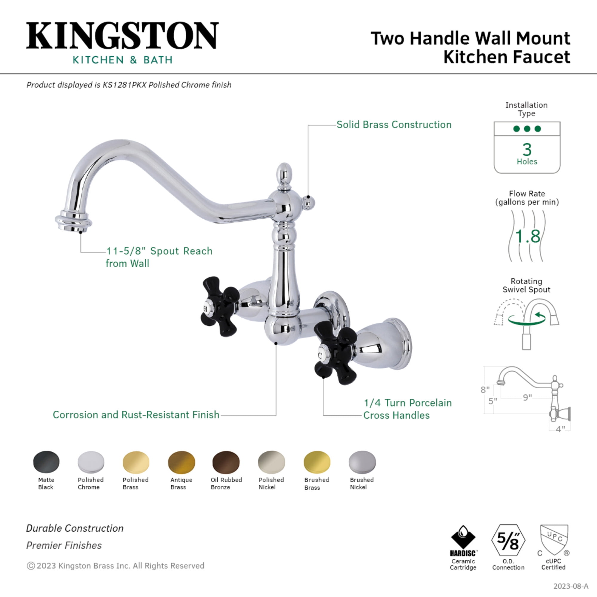 Kingston Brass KS1283PKX Duchess Double-Handle Wall-Mount Kitchen Faucet, Antique Brass