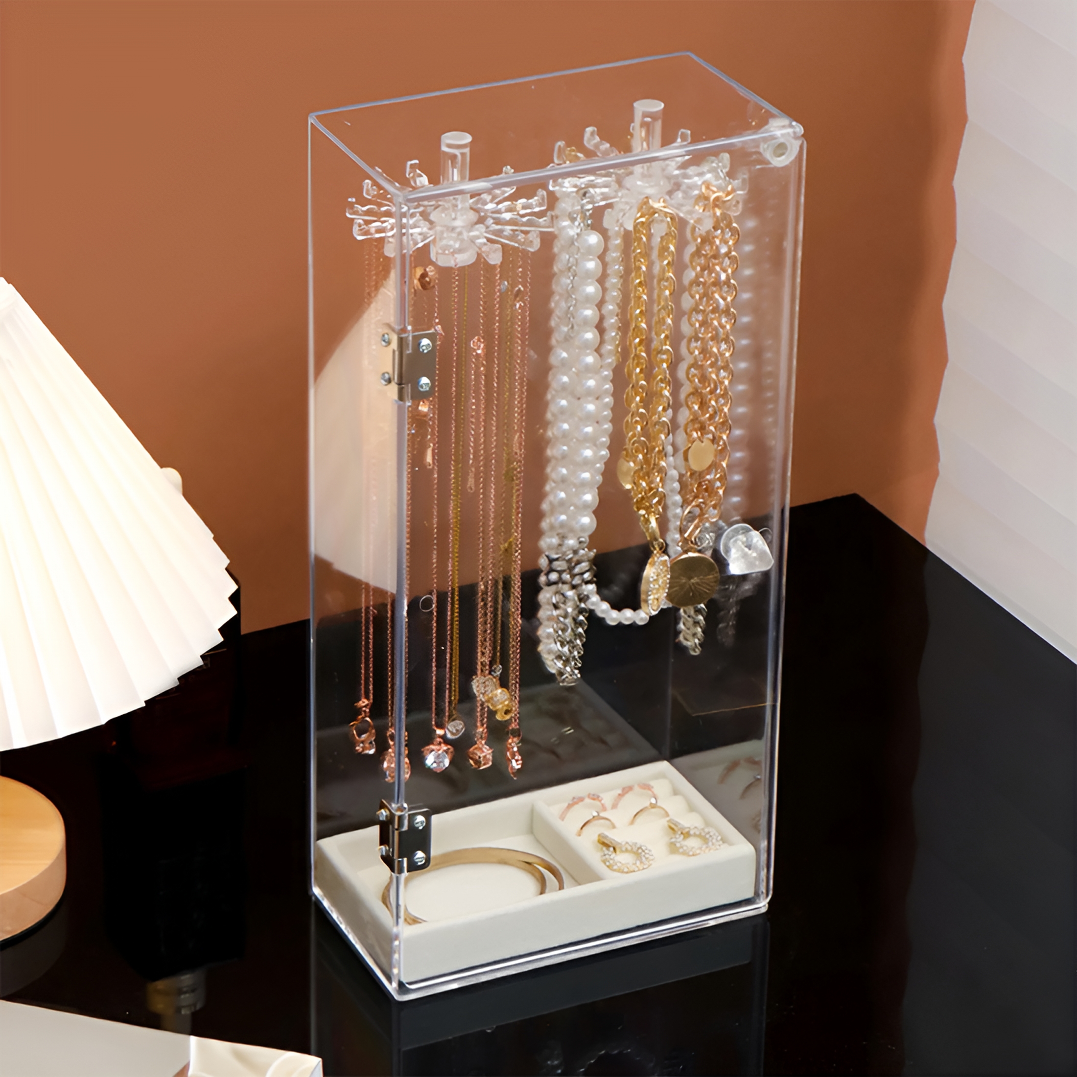 XIBUFE 2026 New Earnings Organizers Acrylic Necklace Display Stand Desktop Jewelry Organizer Box with Door Bracelet Storage Rack for Home,Vanity,Store Jewelry Display