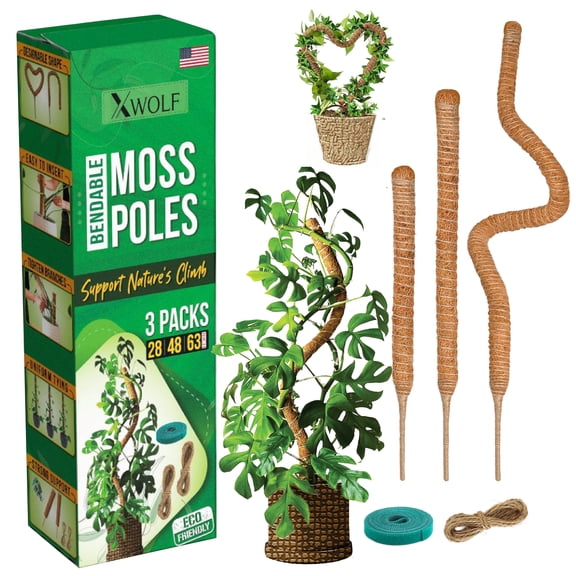 3 Pack Bendable Moss Pole 28" 48" 63" Monstera Plant Support for Climbing Indoor Plants, Tall Coir Plant Pole Sticks & Plant Stakes for Pothos, Philodendron & Potted Plants, Includes Plant Ties
