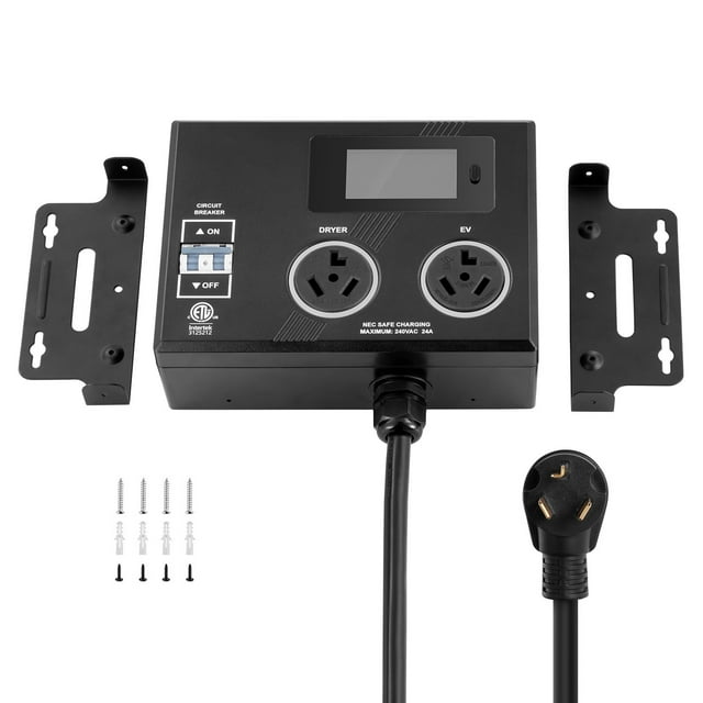 KFFKFF NEMA Splitter for Dryer and EV, 3-Color LED Indicator, 240V Smart Power Distribution, With NEMA 10-30 Plug, Two NEMA 10-30 Outlets, 3.4 in LCD Screen